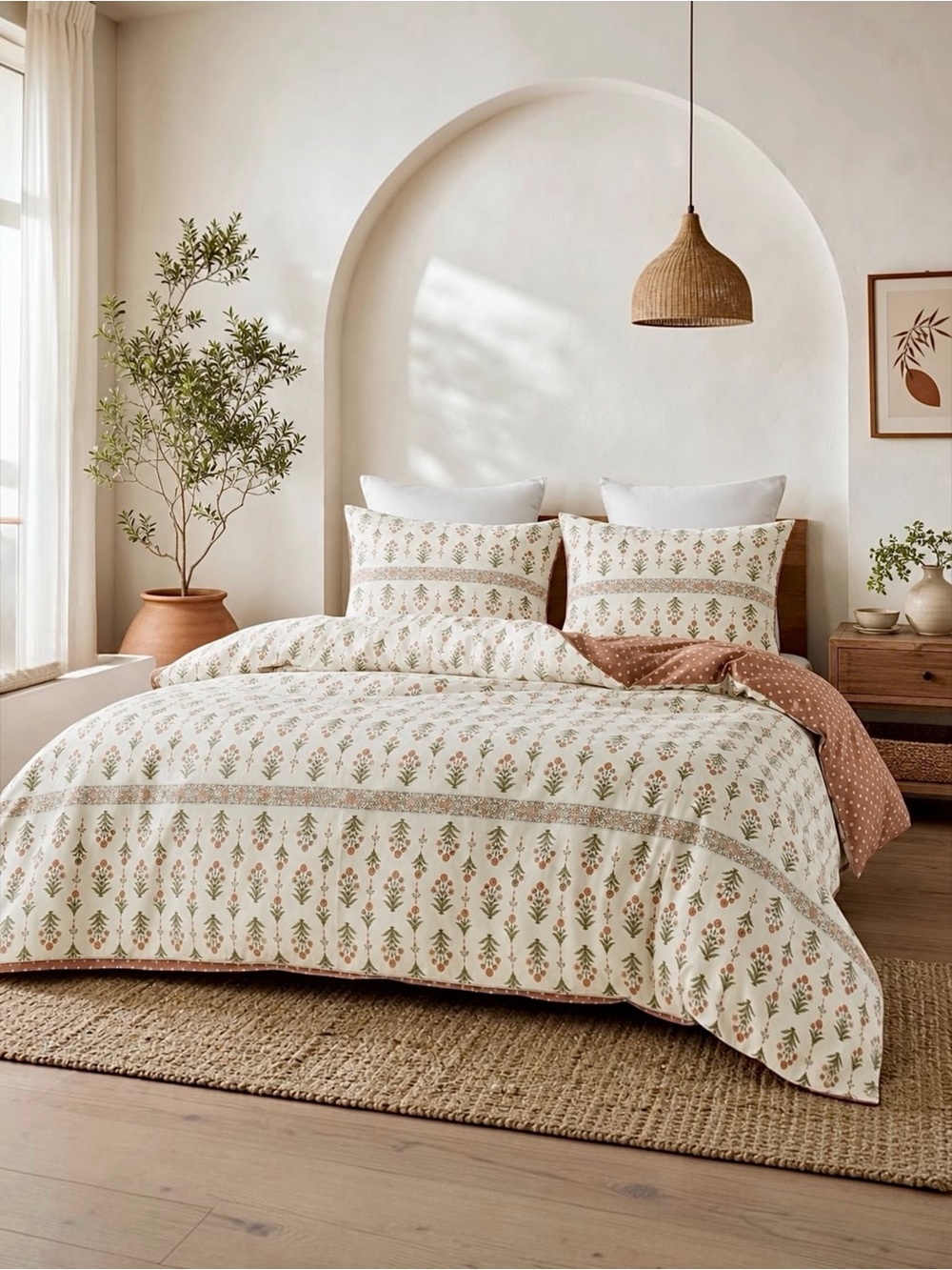 NEW Anthropologie White Coral Queen / King Floral Bedding Duvet Cotton Sham Set